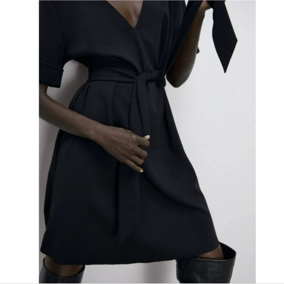 Zara V Neck Waist Tie Mini Dress - Picture 3 of 4